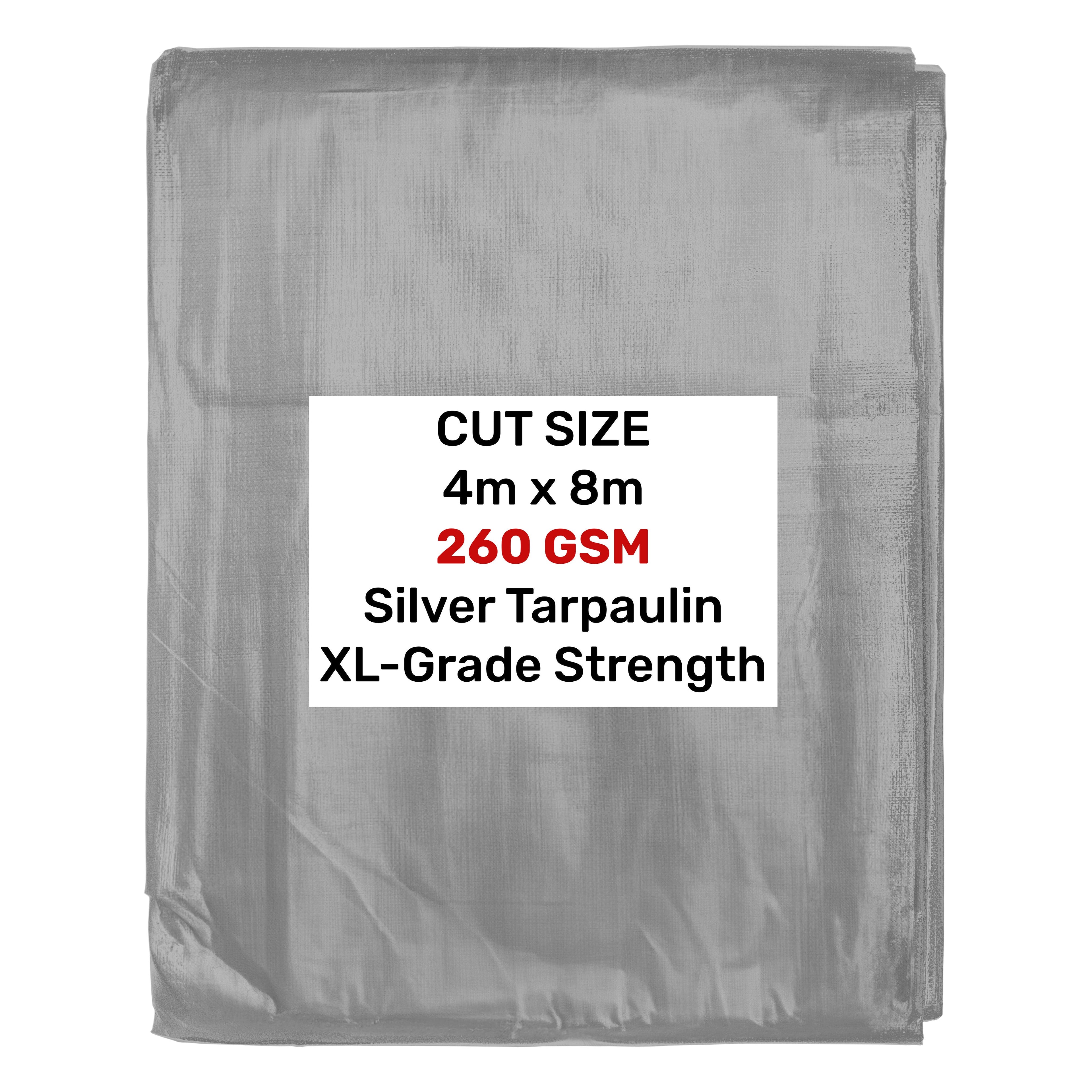 Silver XL-Grade Tarpaulin 4m x 8m Waterproof Tarpaulin Cover Reinforced Eyelets