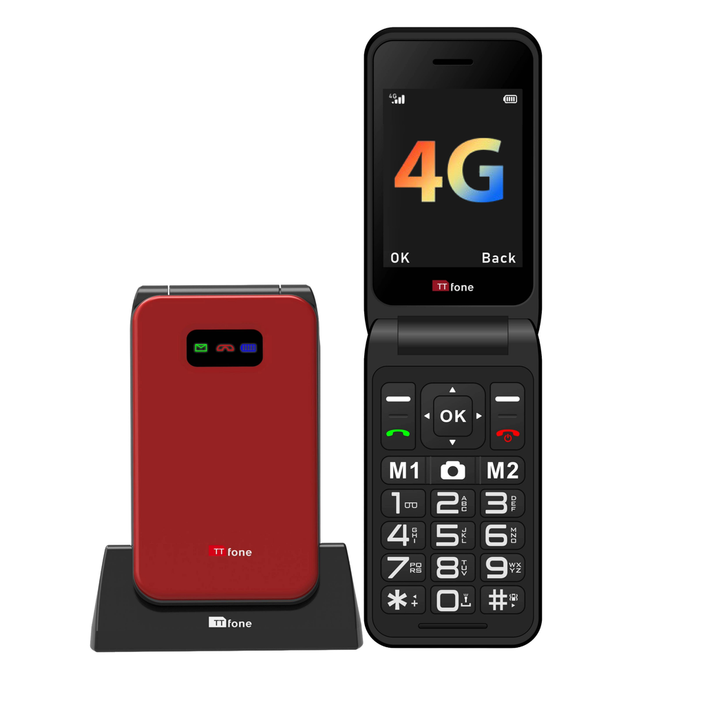 TTfone Red TT760 4G Flip 4G Mobile with Dock Charger, Vodafone SIM
